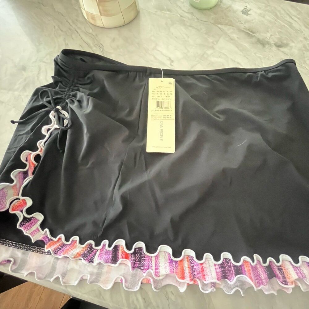Profile by Gottex  SZ 16 Swim Skirt Side Slit Ruffled UPF 50+ Black